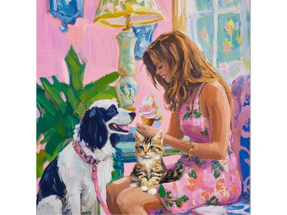 Strawberry ice cream, grandmillennial art, oil painting