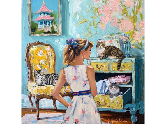 Whimsical Grandmillennial Cat Illustration: Caught Red-Pawed Fine Art for Preppy Interior Decor