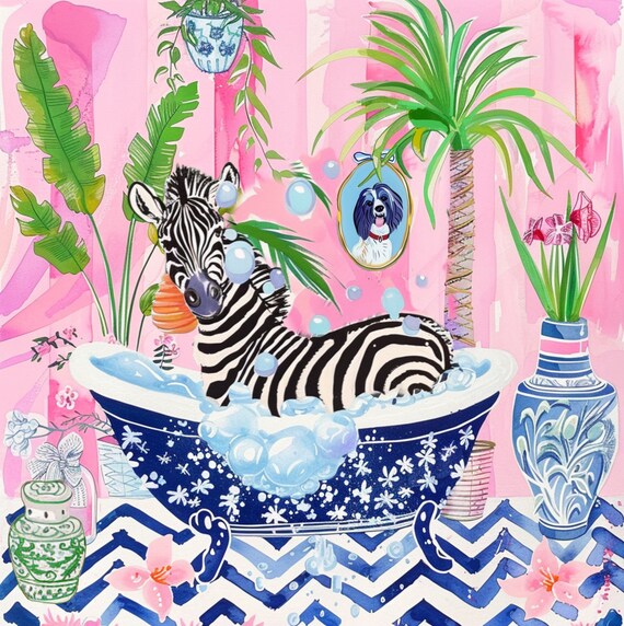 Grandmillennial art, Zebra having a bath in preppy bathroom, whimsical wall art