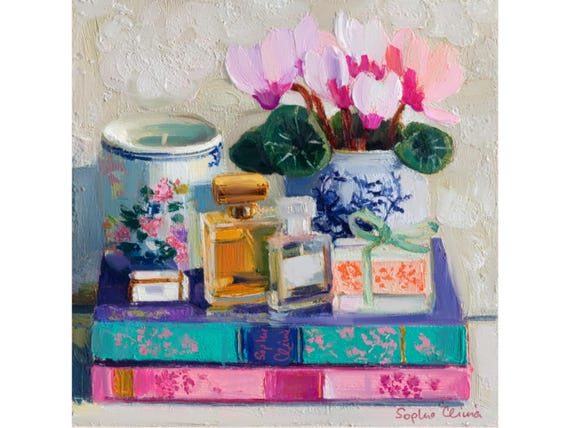 grandmillennial art, Still life with Cyclamen flowers, books and perfume bottles, oil painting