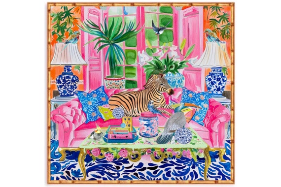 Grandmillennial art, Zebra and birds in preppy chinoiserie interior, whimsical watercolor