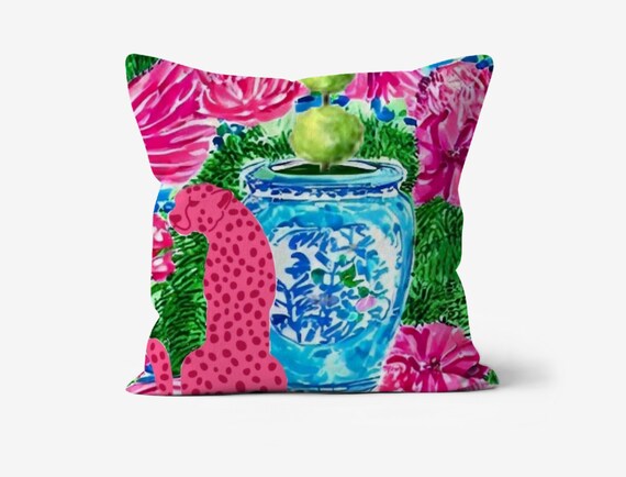 Pink cheetah and ginger jar, natural cotton canvas,  18”x18”