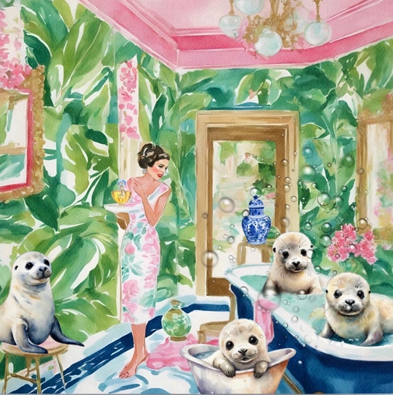 Grandmillennial art,Bubble bath for baby seals, Palm Beach art