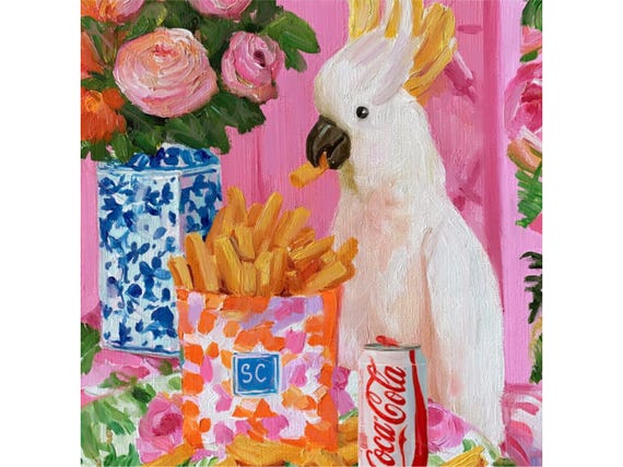 Cockatoo & Coca-Cola signed fine art print, Whimsical Preppy art, Palm Beach Aesthetic, Grandmillennial Southern art