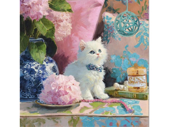 Grandmillennial art, Spoiled for choice, whimsical fluffy cat and hydrangea  art