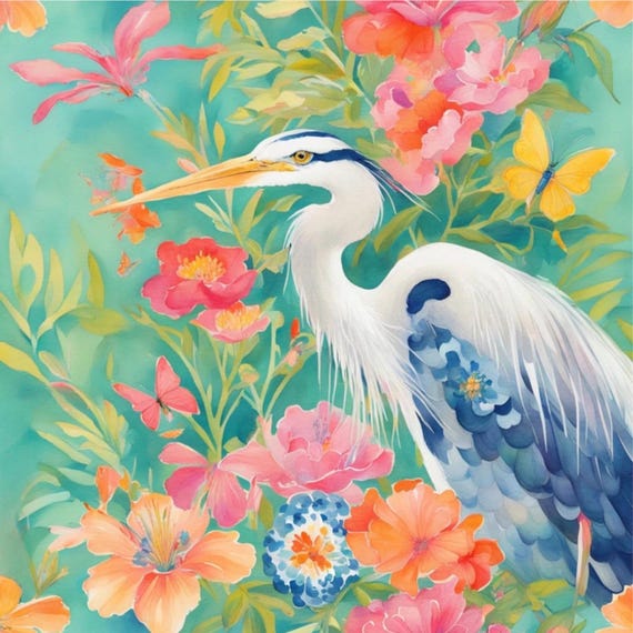 Preppy chinoiserie heron watercolor, signed art print