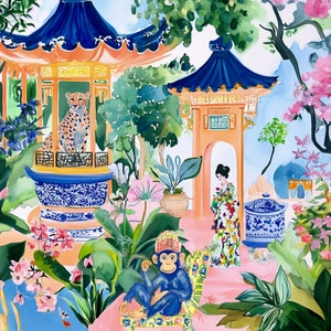 May include: Watercolour painting of a vibrant garden scene with pagodas, a cheetah, and a monkey. The artwork features blue, orange, and pink hues, with detailed depictions of flora and fauna. A woman in a kimono is also present.