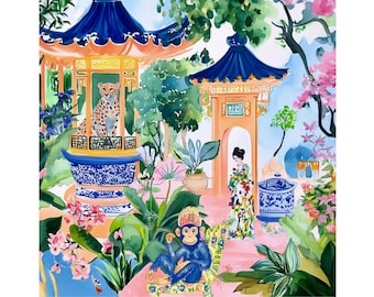 Grandmillennial art, The Monkey King Palace Part 2, preppy chinoiserie giclee print