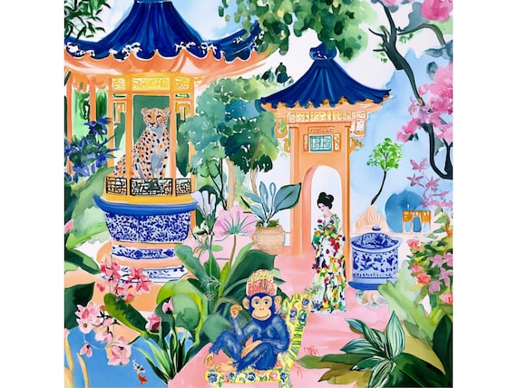 Grandmillennial art, The Monkey King Palace Part 2, preppy chinoiserie giclee print