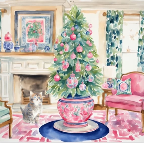 Grandmillennial art, Kitten and Christmas tree in chinoiserie interior, whimsical watercolor