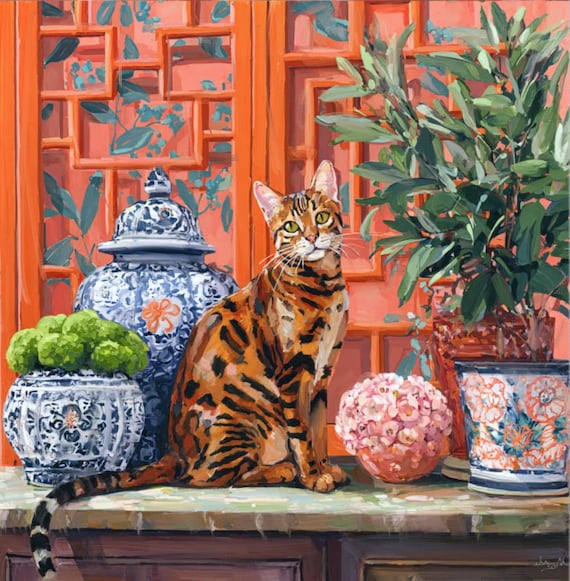 Grandmillennial art, Coastal chinoiserie Bengal cat portrait in earthy orange chinoiserie room