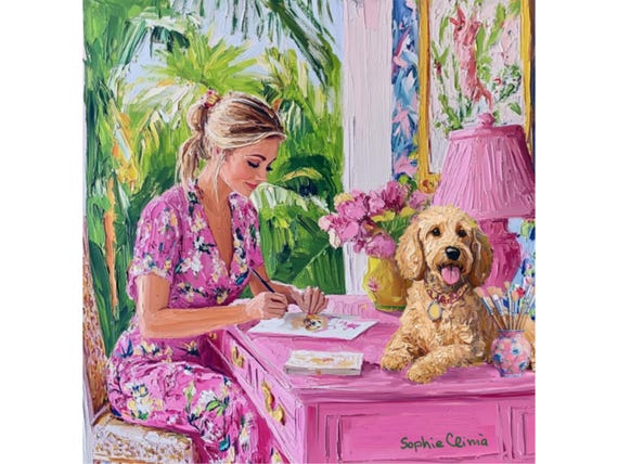 Grandmillennial Art Print: Woman and Dog, Whimsical Watercolor