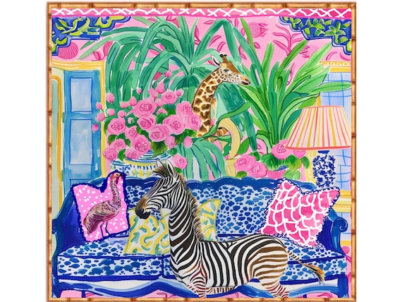 Grandmillennial art, Zebra and Giraffe in preppy chinoiserie interior, whimsical watercolor