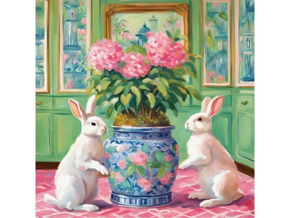 Grandmillennial art, Bunnies and hydrangea bush, whimsical fine art