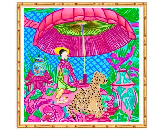 Grandmillennial art, Instant download Cheetah under pink umbrella preppy chinoiserie watercolor and markers