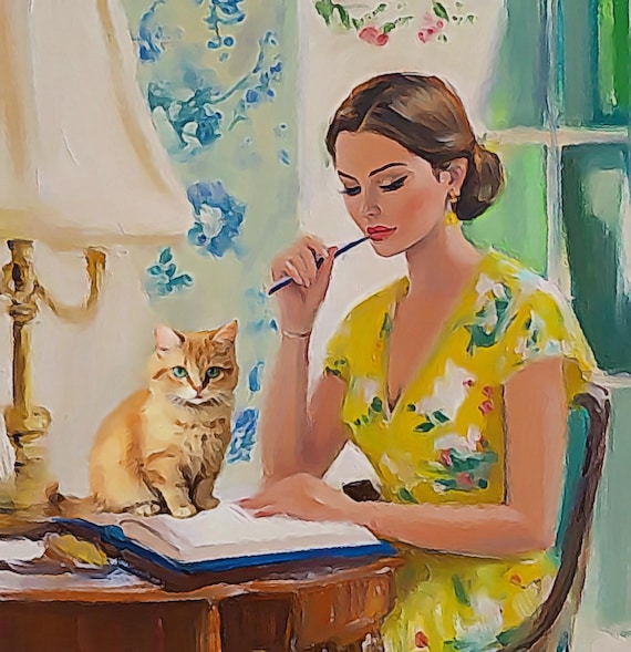 Grandmillennial art, Sitting pretty on mum’s book, whimsical cat art