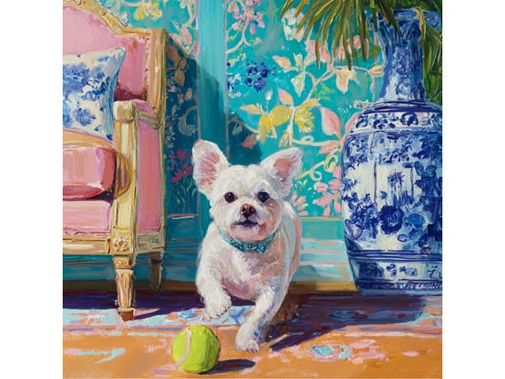 White Terrier Art Print: Turquoise Chinoiserie, Palm Beach Style
