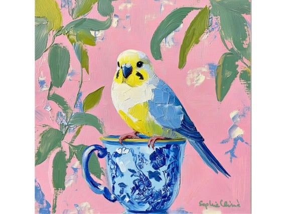 Grandmillennial art, blue and yellow budgie on chinoiserie cup, whimsical fine art