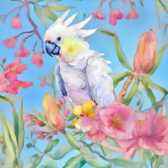 Large original watercolor painting, Cockatoo and flowers on blue