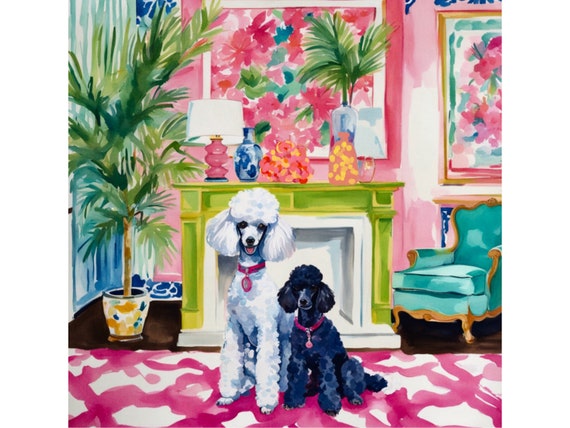 Grandmillennial art, HI, Poodles in preppy interior,  whimsical art