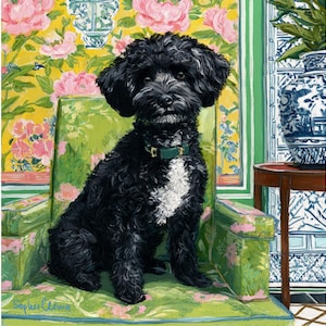 May include: A painting of a black dog with white markings, wearing a green collar, seated on a green floral armchair. The background features yellow floral wallpaper and a blue and white vase.