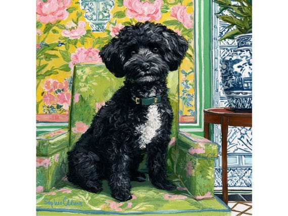 Cavapoo Dog in Chinoiserie Room: Watercolor Giclée Art Print