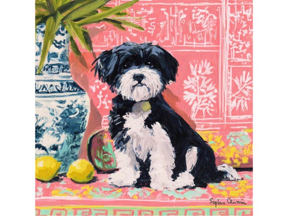 Grandmillennial art, Dog in preppy orange interior, whimsical fine art