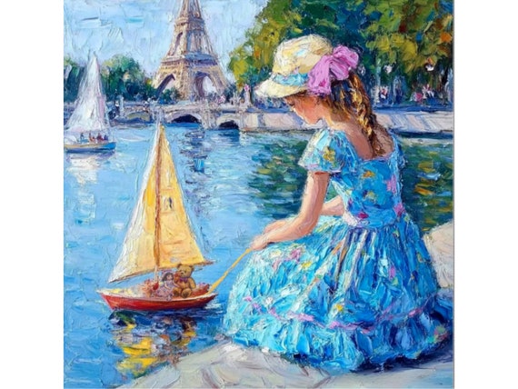 Grandmillennial art, Sailing on the Seine, whimsical fine art