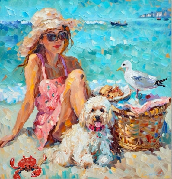 Picnic at the beach, grandmillennial art, oil painting