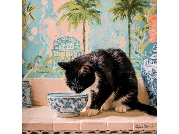 Preppy Cat Art: Breakfast in Palm Beach, Grandmillennial art