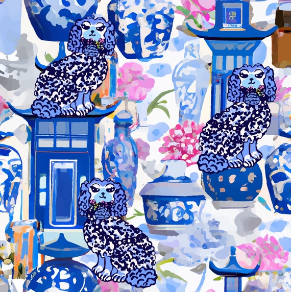 Grandmillennial art, Staffordshire dogs among pagodas and chinoiserie jars