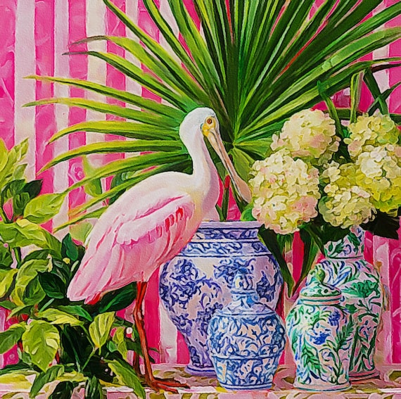 Grandmillennial art, Spoonbill in preppy chinoiserie interior with palmetto and hydrangea in ginger jars