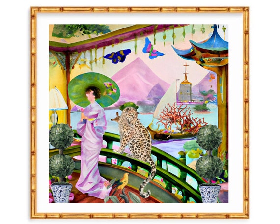 Whimsical Chinoiserie Art Print: Pagodas, Cheetahs, Monkeys (Giclee)