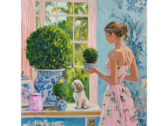 Grandmillennial art, In the winter garden, whimsical fine art