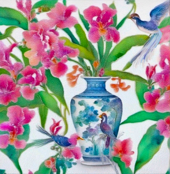 Orchids and Bluebirds Art Print: Grandmillennial Chinoiserie Decor
