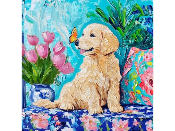 Grandmillennial art, Labrador puppy and a butterfly, whimsical fine art