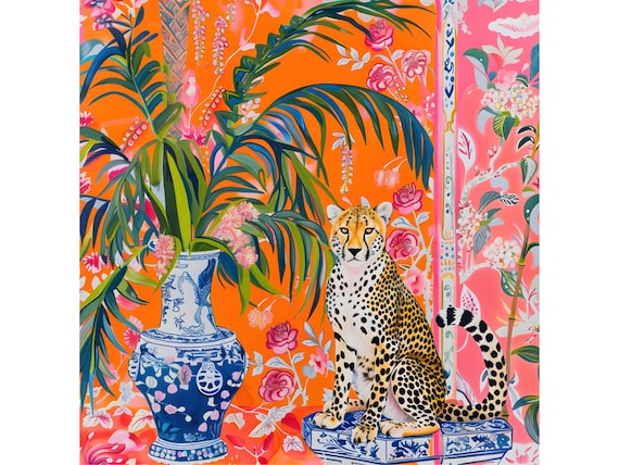 Preppy Cheetah in orange chinoiserie interior, whimsical watercolor