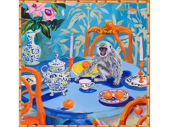 Grandmillennial art, Monkey and oranges in blue chinoiserie room art print