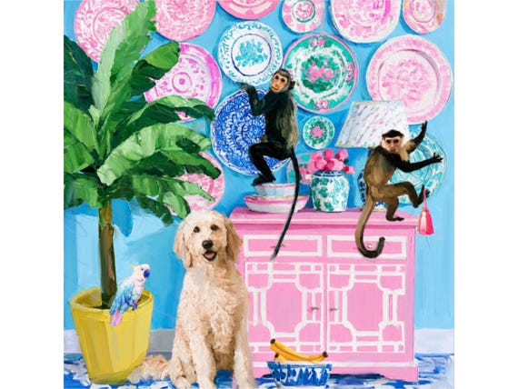 Palm Beach Banana Bandits, whimsical animals in pink veranda art