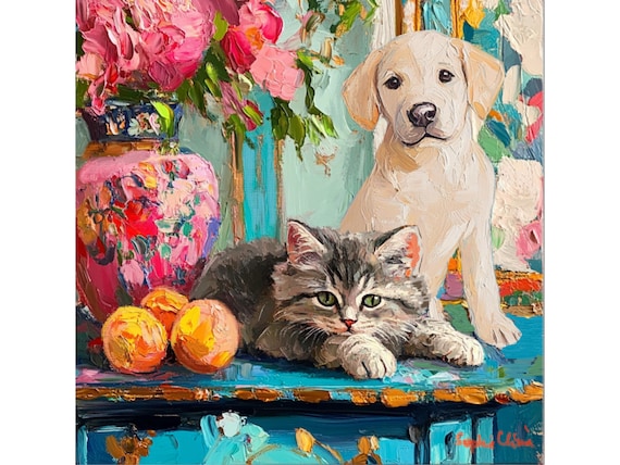 Grandmillennial art, Kitty is not in the mood to play, whimsical fine art