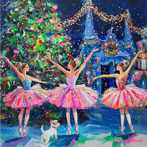 May include: Three ballerinas in pink tutus dance in front of a Christmas tree and a decorated building. A small white dog is in the foreground.