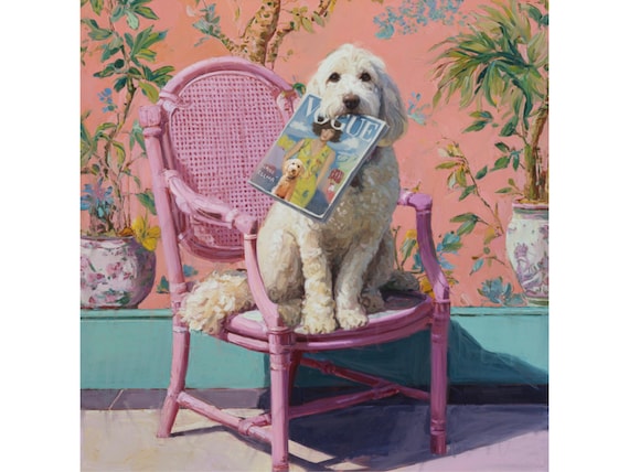 Preppy dog art, Vogue Fetch, elegant Labradoodle girl in pink chinoiserie powder room