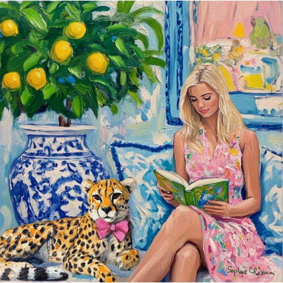 Grandmillennial art, The Reading Under the Lemon Tree, whimsical fine art