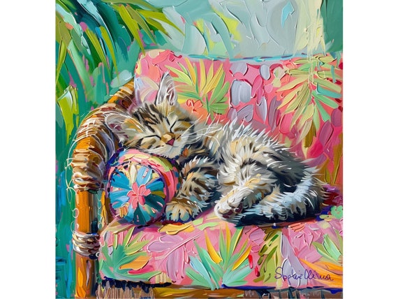 Tabby Kitten Giclee Print: Whimsical Chinoiserie Interior Art