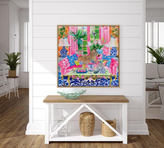 Grandmillennial art, Zebra and birds in preppy chinoiserie interior, whimsical watercolor