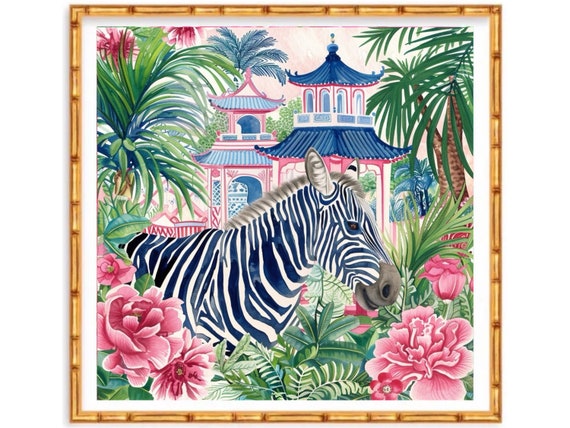 Grandmillennial art, birds, Blue zebra in chinoiserie pagoda garden watercolor art print