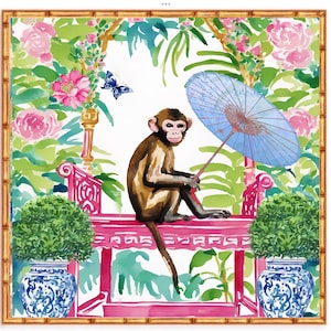 Grandmillennial art, Monkey in chinoiserie garden art print