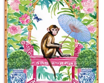 Grandmillennial art, Monkey in chinoiserie garden art print