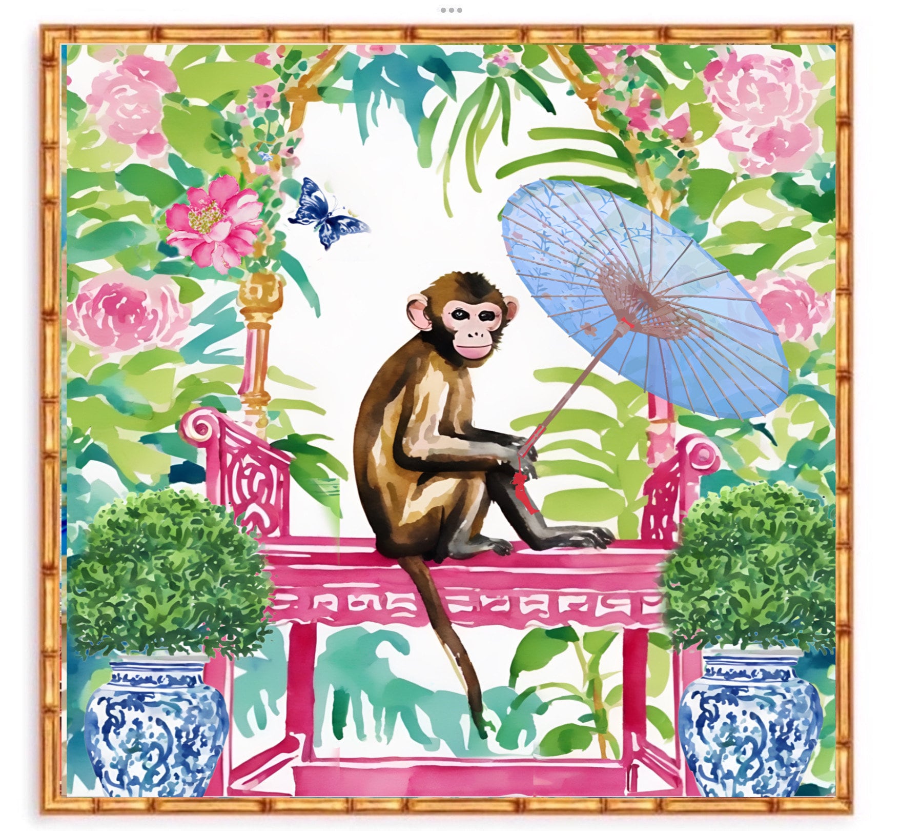 Grandmillennial art, Monkey in chinoiserie garden art print