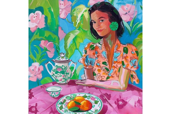 Grandmillennial art, A girl with a bowl of oranges, fine art print
